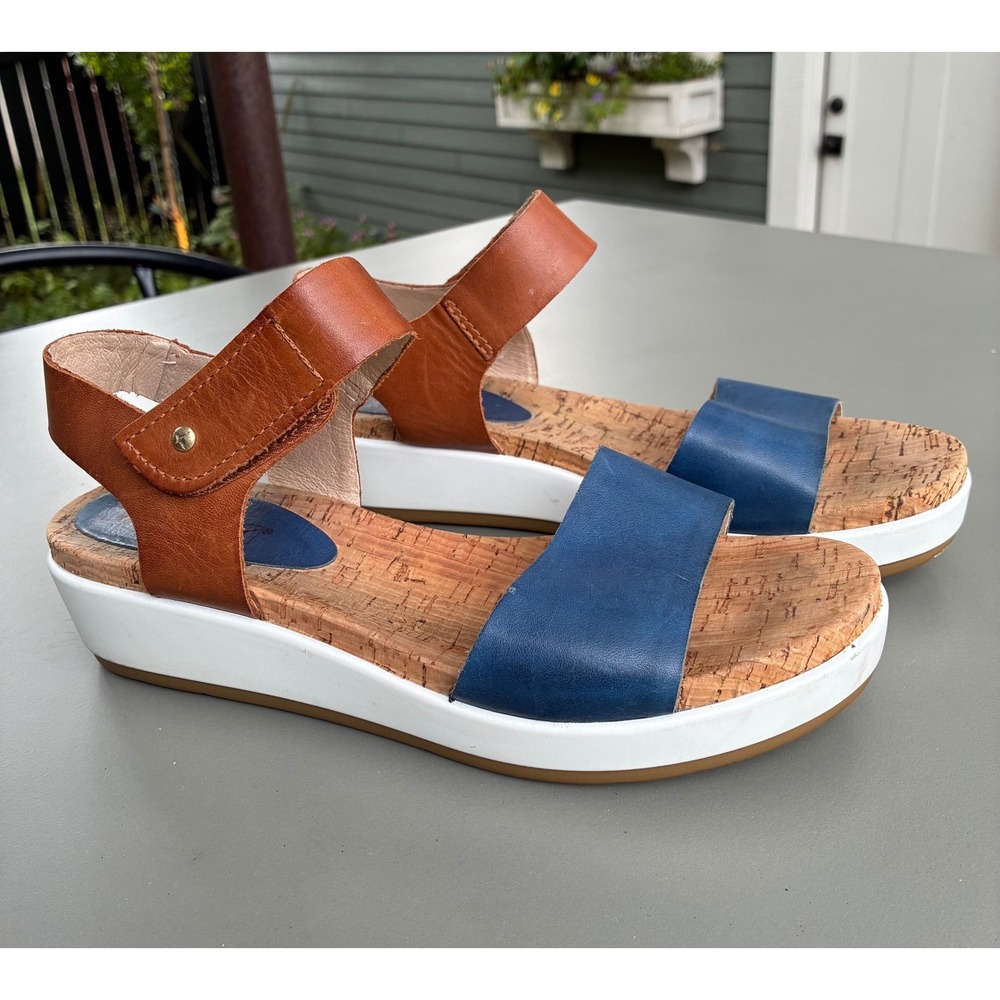 Pikolinos Mahon Blue Brandy Leather Platform Wedge Sandals 40